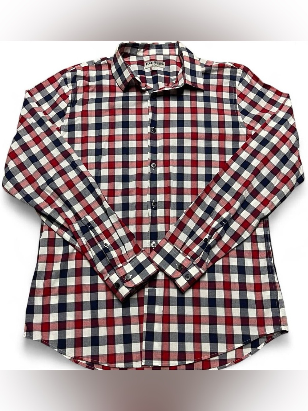 Express Mens Large Fitted Long Sleeve Button Down Shirt Red White Navy Blue